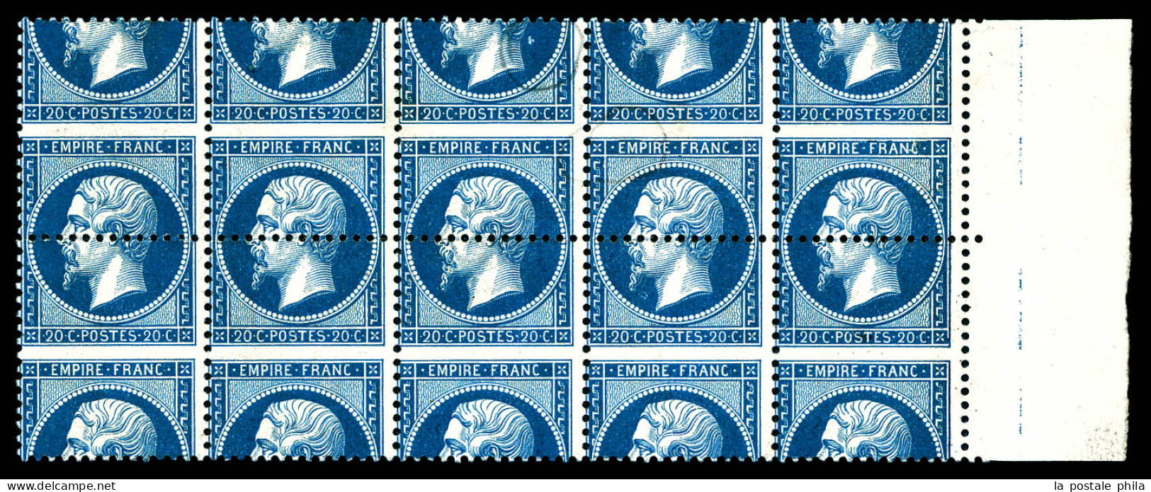 (*) N°22, 20c Bleu En Bloc De 10 Variété Piquage Très Déplacé (tirage 150 Exemplaires) Au Verso D'un Essai Vert-bronze S - 1862 Napoléon III