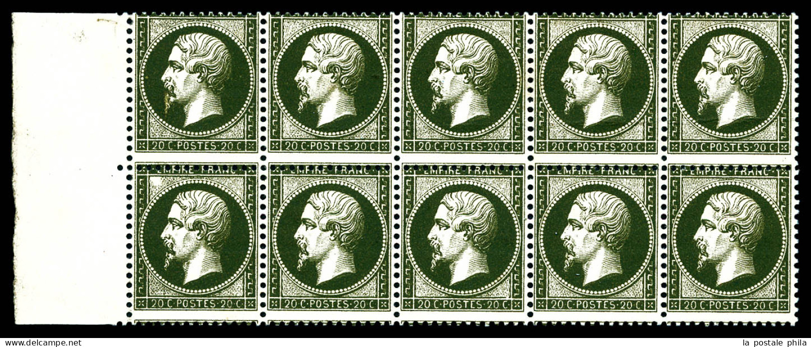 (*) N°22, 20c Bleu En Bloc De 10 Variété Piquage Très Déplacé (tirage 150 Exemplaires) Au Verso D'un Essai Vert-bronze S - 1862 Napoléon III