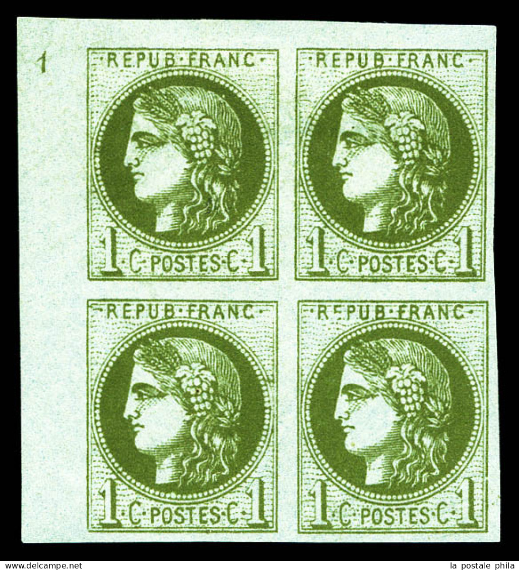 ** N°39B, 1c Olive Report 2 En Bloc De Quatre Coin De Feuille Avec Petit Chiffre '1', (2ex*), FRAÎCHEUR POSTALE, RARE ET - 1870 Emission De Bordeaux