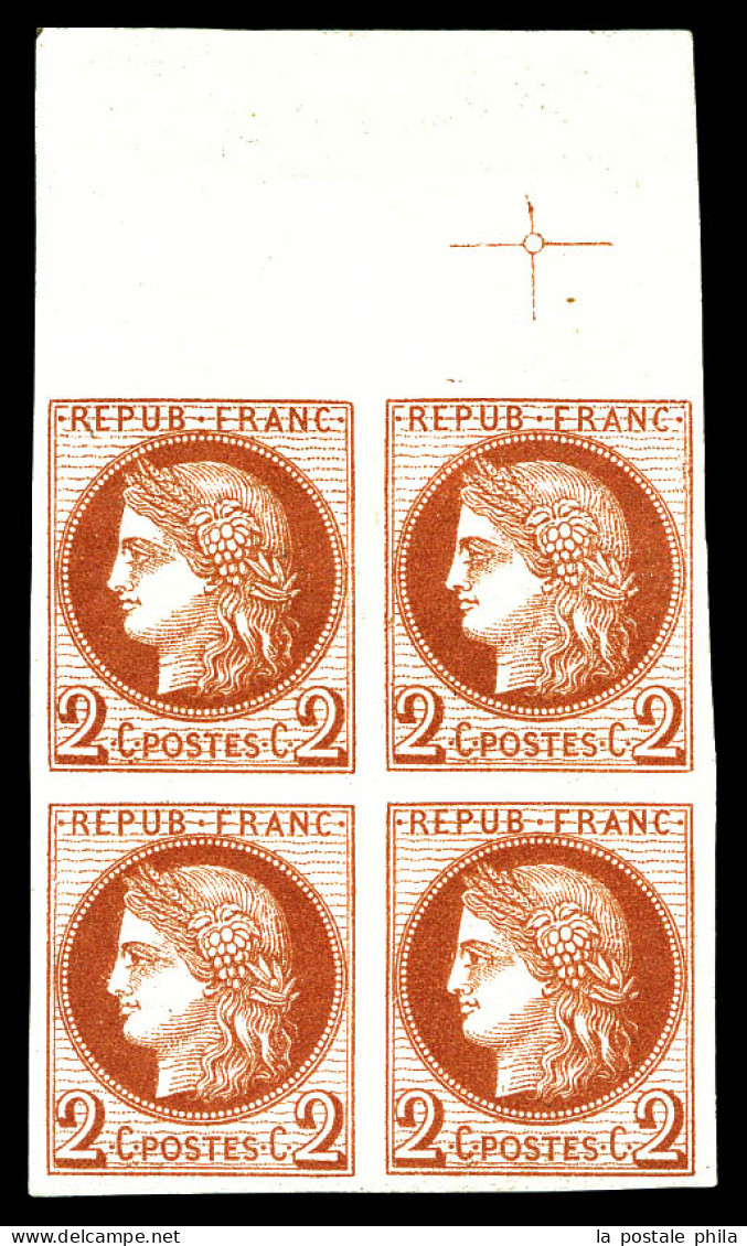 ** N°51c, 2c Rouge-brun NON DENTELE En Bloc De Quatre Haut De Feuille Avec Croix De Repère, Fraîcheur Postale. SUPERBE.  - 1871-1875 Cérès