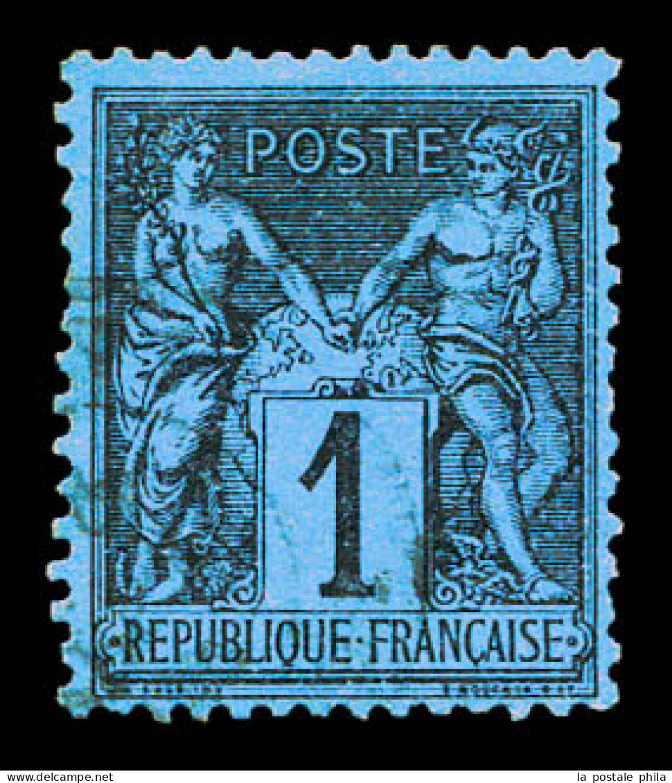 O N°84, 1c Noir Sur Bleu De Prusse, Oblitération Très Légère, Très Jolie Pièce, TTB (signé Brun/certificats)  Qualité: O - 1876-1898 Sage (Tipo II)