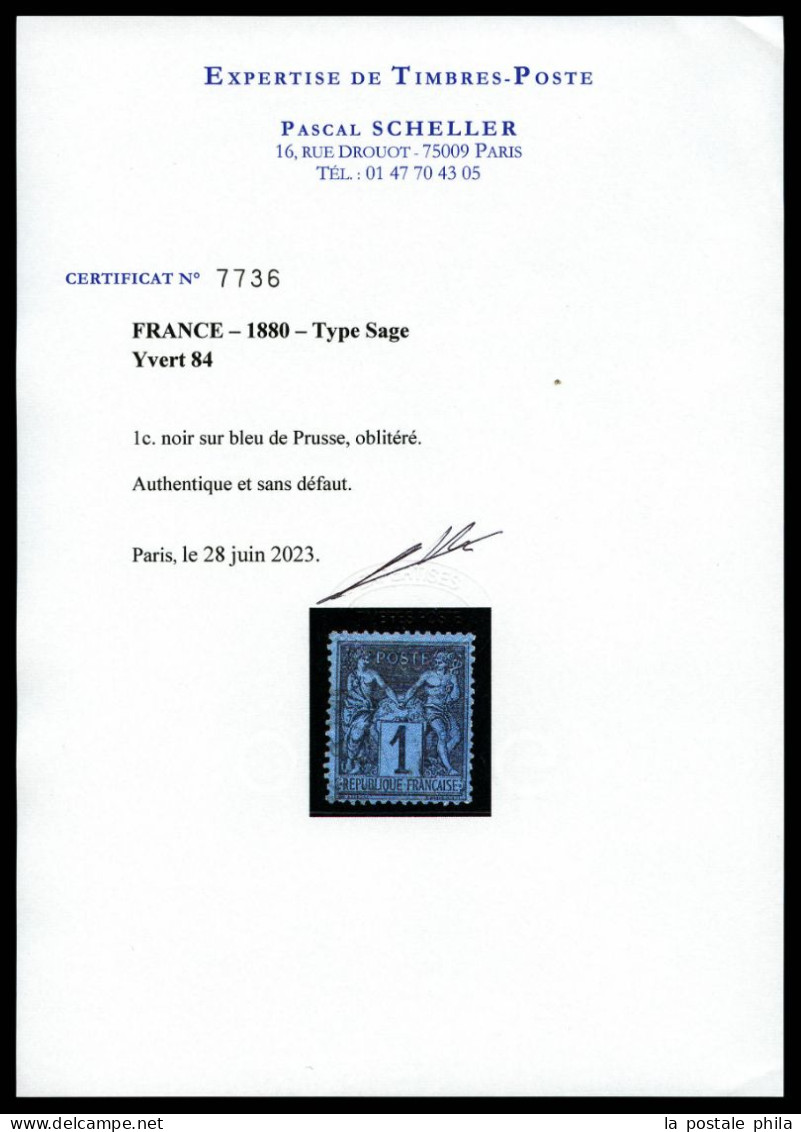 O N°84, 1c Noir Sur Bleu De Prusse, Oblitération Très Légère, Très Jolie Pièce, TTB (signé Brun/certificats)  Qualité: O - 1876-1898 Sage (Tipo II)