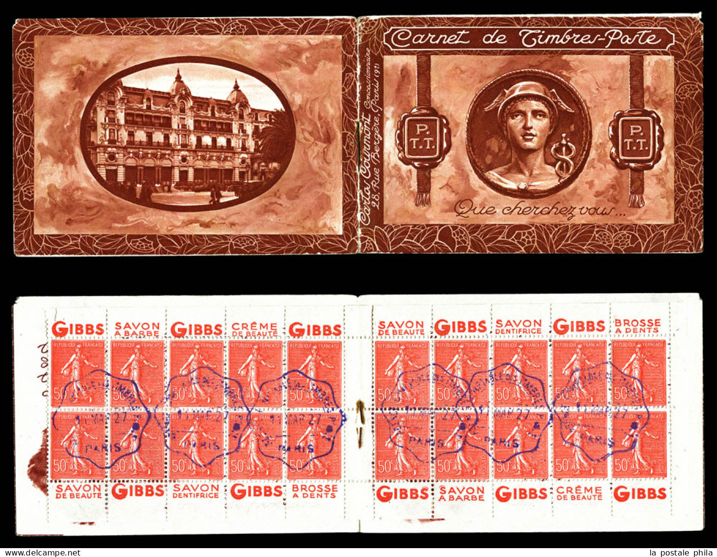 ** N°199-C12am, Couverture Tête De Mercure En Marron, Timbres Annulés De L'agence Comptable Cachet Ondulé Violet De Pari - Antiguos: 1906-1965