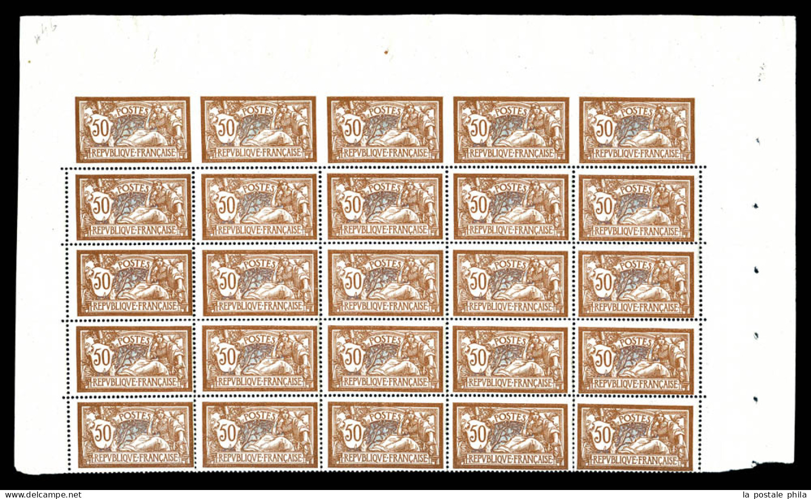 ** N°120e, Merson, 50f Brun Et Gris, Panneau De 25 Exemplaires Haut De Feuille Avec Variété Bande De 5 Supérieure Non De - Unused Stamps