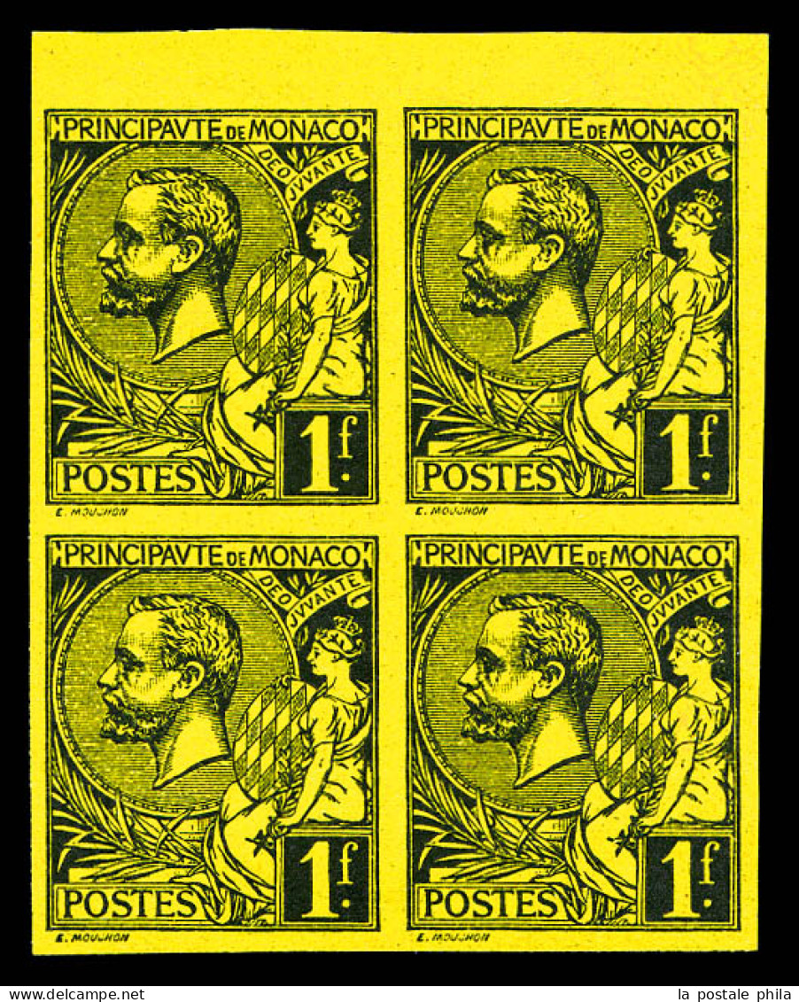 (*) N°20b, Albert 1er, 1f Noir Sur Jaune Non Dentelé (toujours Sans Gomme): Bloc De 4 Bdf. TTB (certificat)  Qualité: (* - Unused Stamps