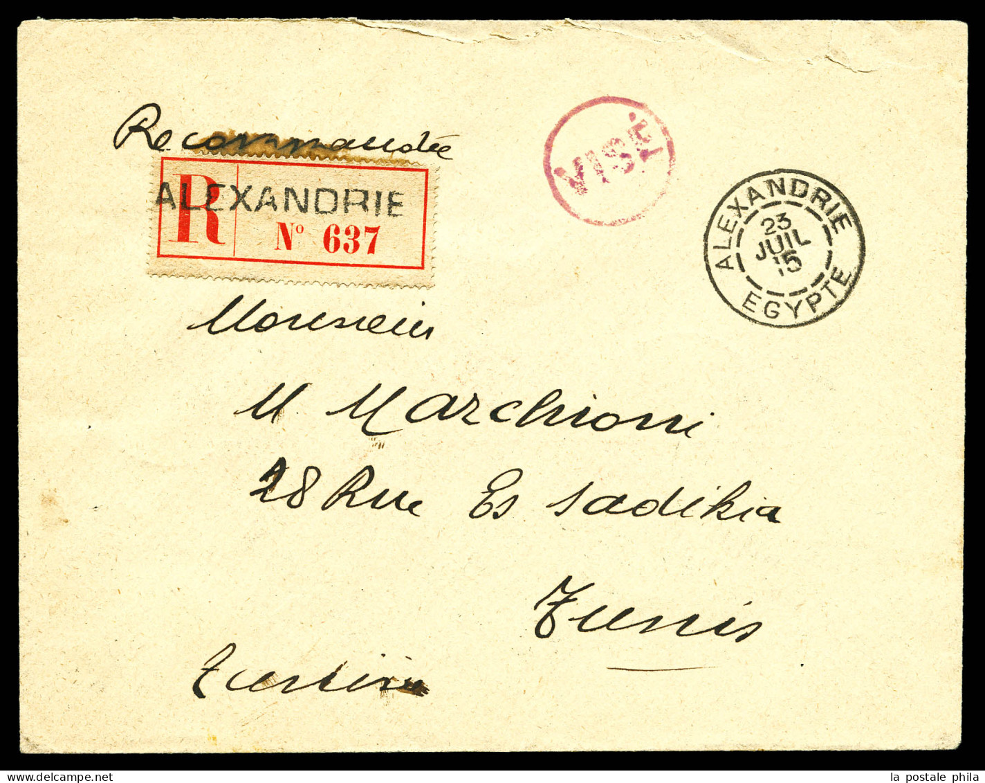 O N°34, +5c Sur 10c Rouge, Bloc De 10 Sur Lettre Recommandée D'Alexandrie Le 23 Juillet 1915 à Destination De Tunis. TTB - Lettres & Documents