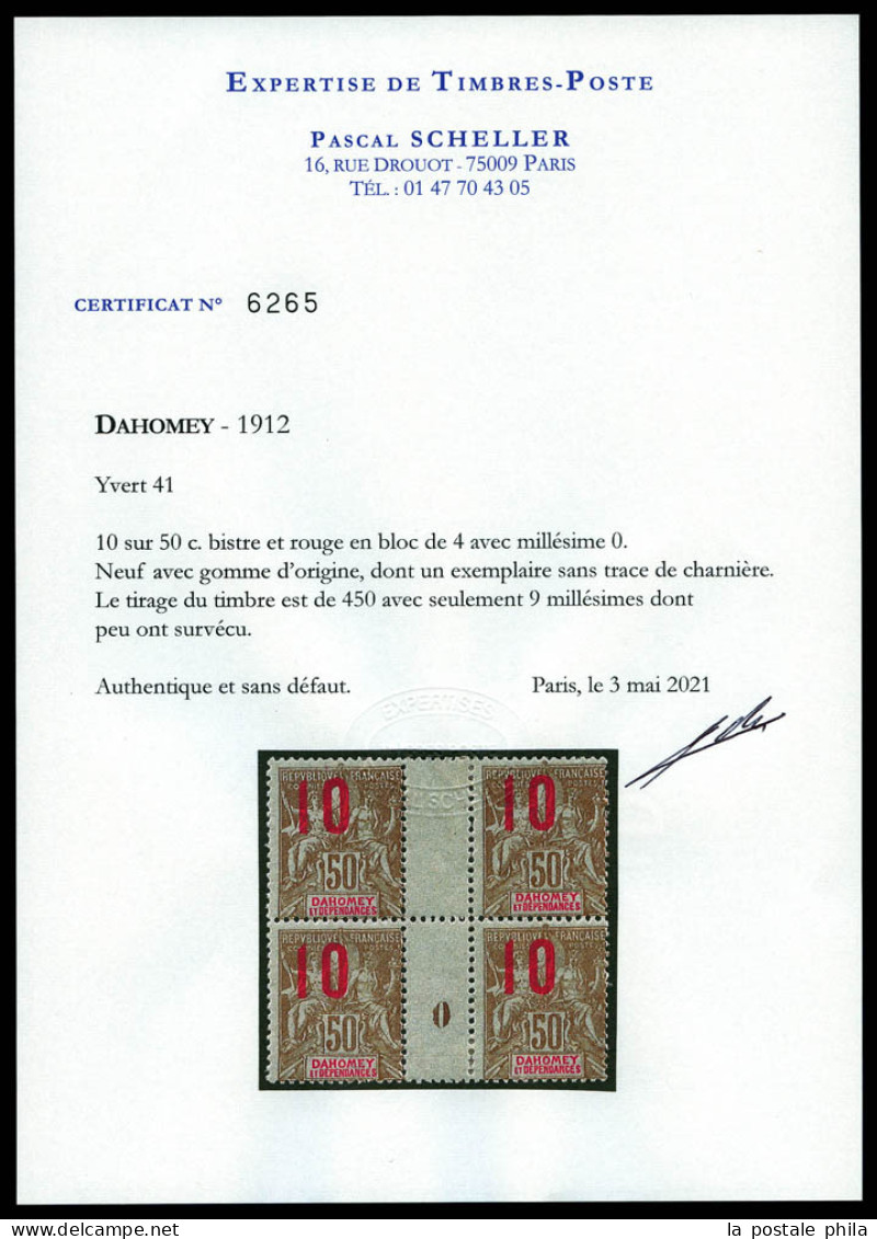 * N°41, 10c Sur 50c Bistre Et Rouge, Bloc De Quatre Millésime '0' (1ex**), Tirage 9 Exemplaires, Seul Millésime Connu En - Unused Stamps