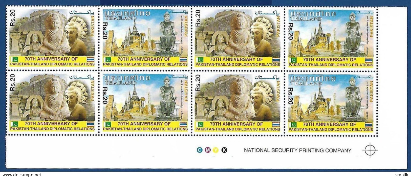 PAKISTAN 2021 Joint Issue, Buddha, 70th Anni. Diplomatic Relations Pakistan & THAILAND, Full Set IMPRINT Block Of 4, MNH - Pakistan