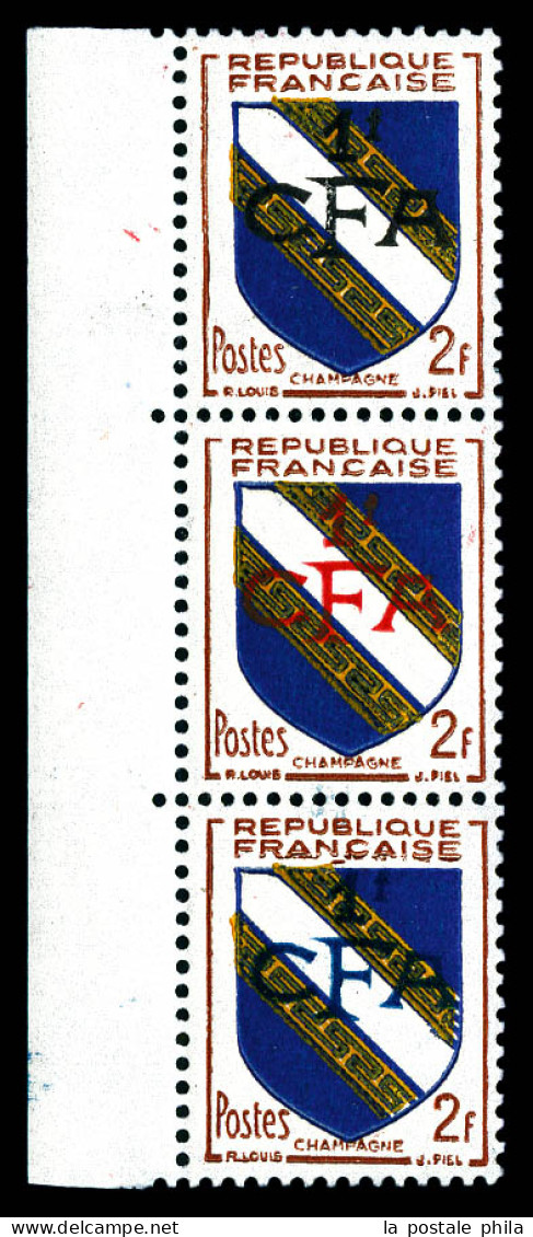 ** N°308, 1f Sur 2f Champagne, Essais De Surcharge En Trois Couleurs Différentes Sur Bande De Trois, Bdf, SUP. R.R. (cer - Unused Stamps