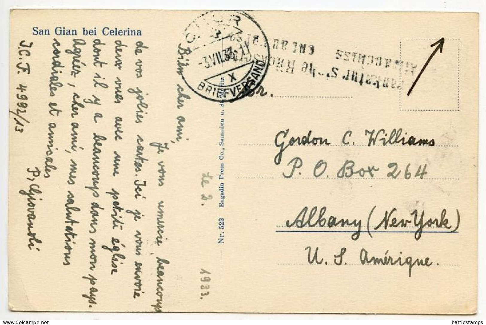 Switzerland 1933 RPPC Postcard San Gian Bei Celerina; Scott 176 - 20c. William Tell - Celerina/Schlarigna