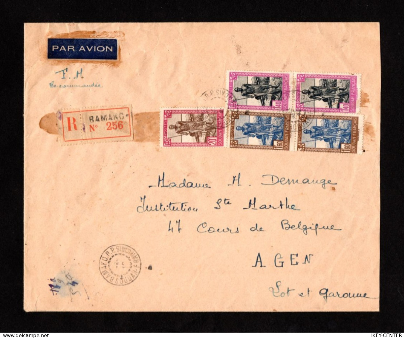 K603-FRENCH SUDAN-AIRMAIL REGISTERED COVER BAMAKO To AGEN (france) 1942.WWII.ENVELOPPE AERIEN RECOMMANDE Soudan Français - Lettres & Documents