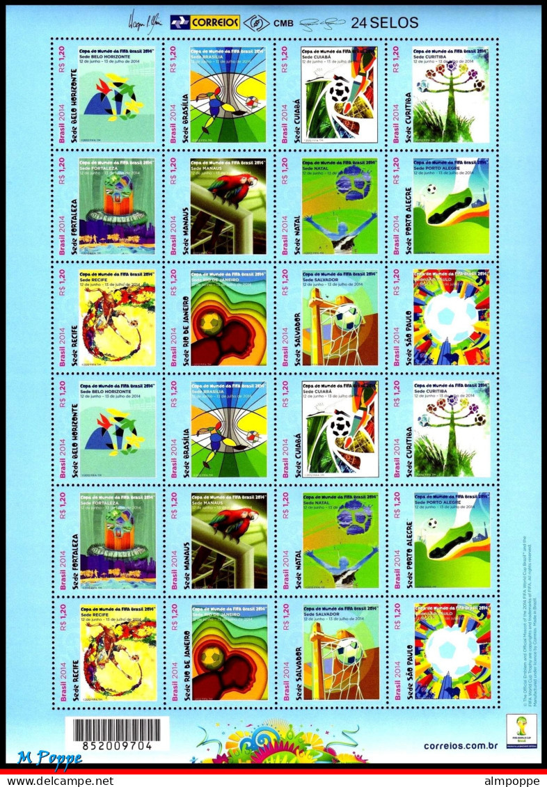 Ref. BR-3265-FO BRAZIL 2014 - WORLD CUP CHAMPIONSHIP,12 HOST CITIES, FIFA, SHEET MNH, FOOTBALL SOCCER 24V Sc# 3265 - 2014 – Brazil