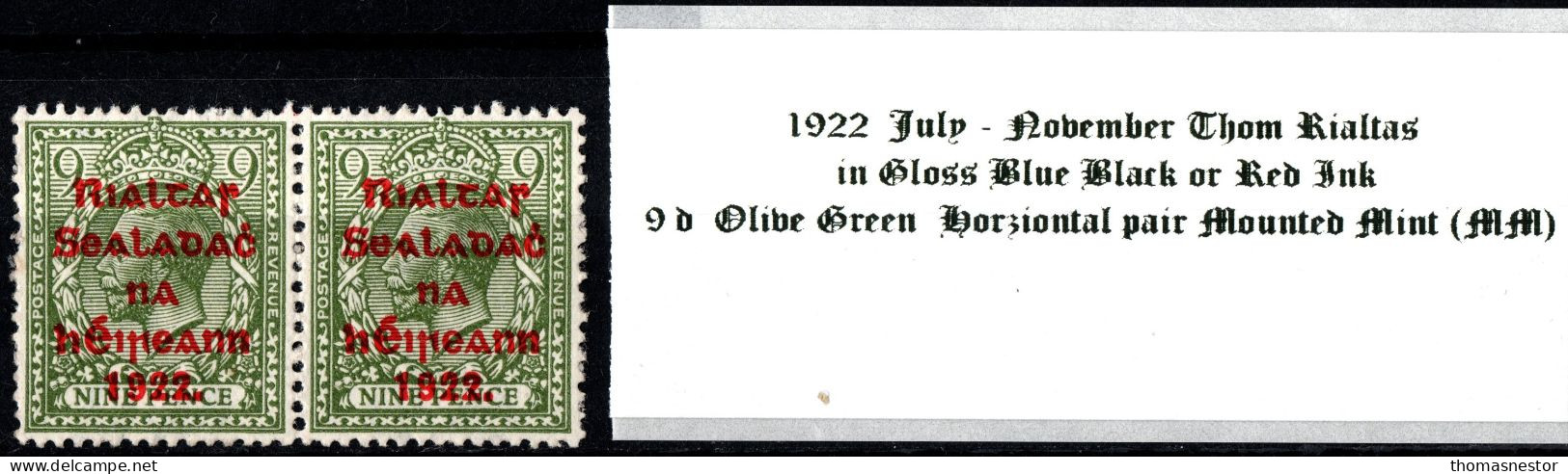 1922 July-Nov Thom Rialtas 5 Line Overprint,Shiny Blue Black Or Red Ink 9 D Olive Green Horziontal Pair Mounted Mint - Nuovi