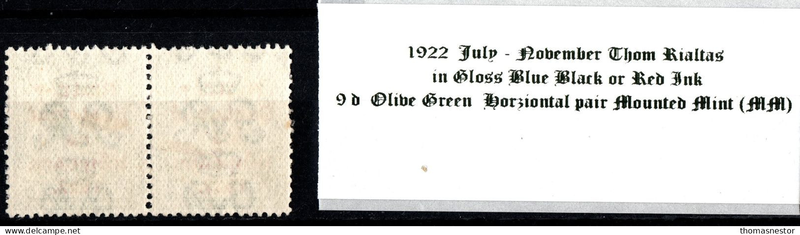 1922 July-Nov Thom Rialtas 5 Line Overprint,Shiny Blue Black Or Red Ink 9 D Olive Green Horziontal Pair Mounted Mint - Ongebruikt