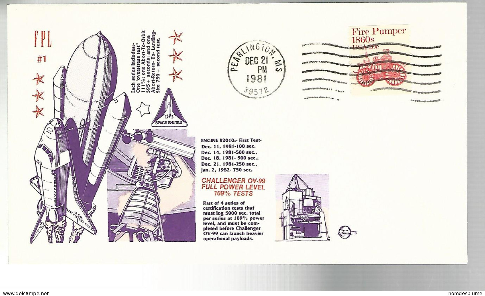 53337 ) USA FDC Postmark Pearlington 1981 Challenger - 1981-1990