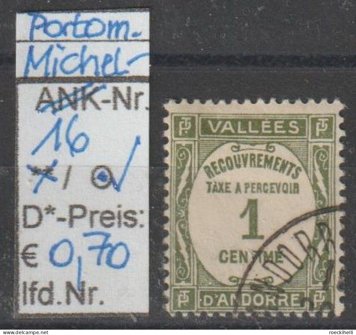 1935 - FRANZÖSISCH ANDORRA- FM/DM/Portom. "Ziffernzeichnung" 1 C Grün - O  Gestempelt  - S.Scan (fr.andorra 16o Porto) - Gebraucht