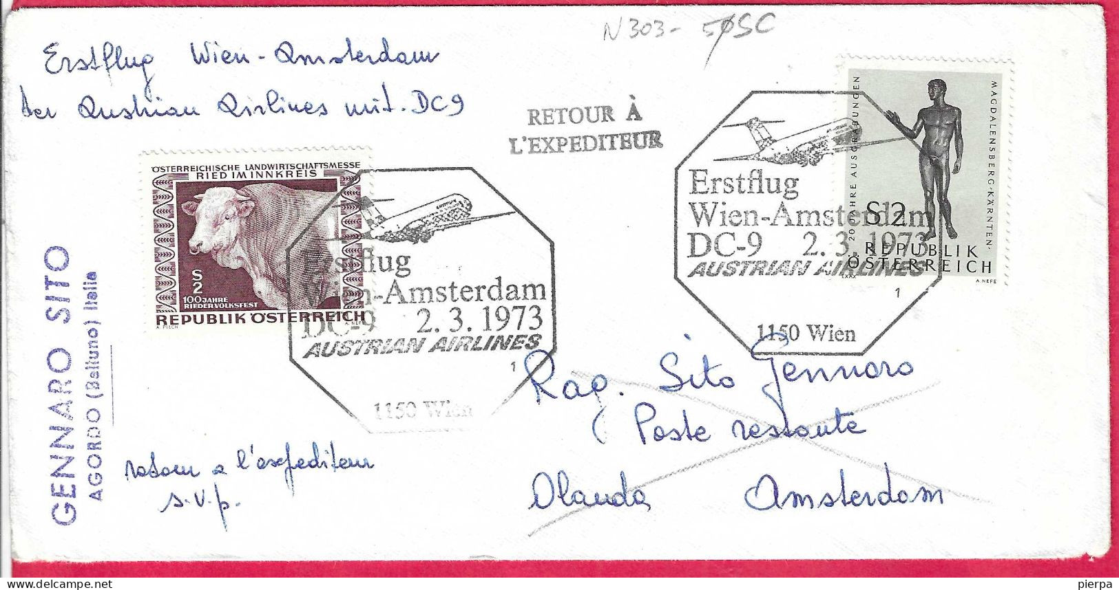 AUSTRIA - ERSTFLUG AUA  MIT  DC-9 - FROM WIEN TO AMSTERDAM *2.3.1973* ON LARGE COVER - Primi Voli