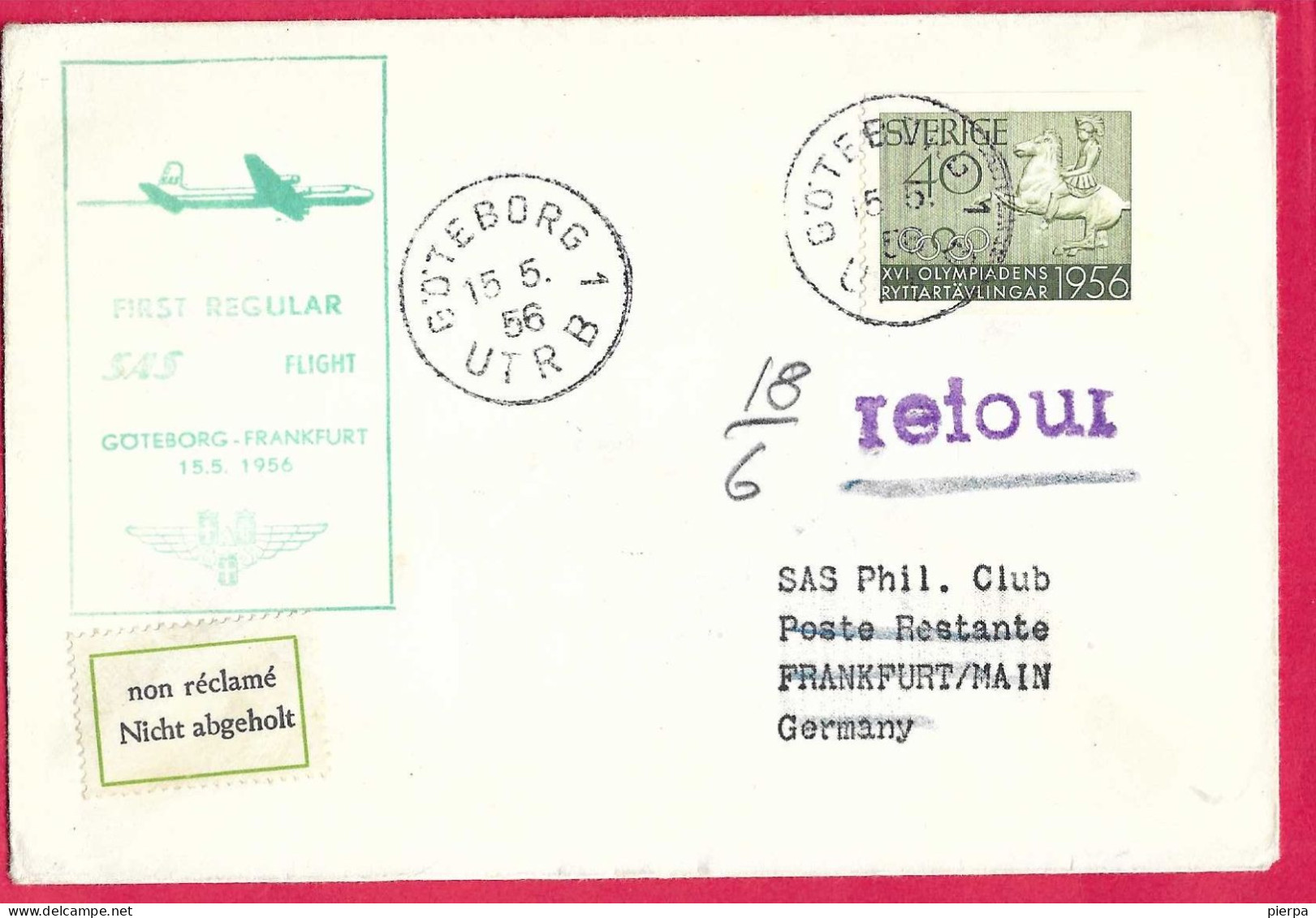 SVERIGE - FIRST REGULAR FLIGHT SAS  FROM GOTEBORG TO FRANKFURT *15.5.56* ON OFFICIAL COVER - Lettres & Documents