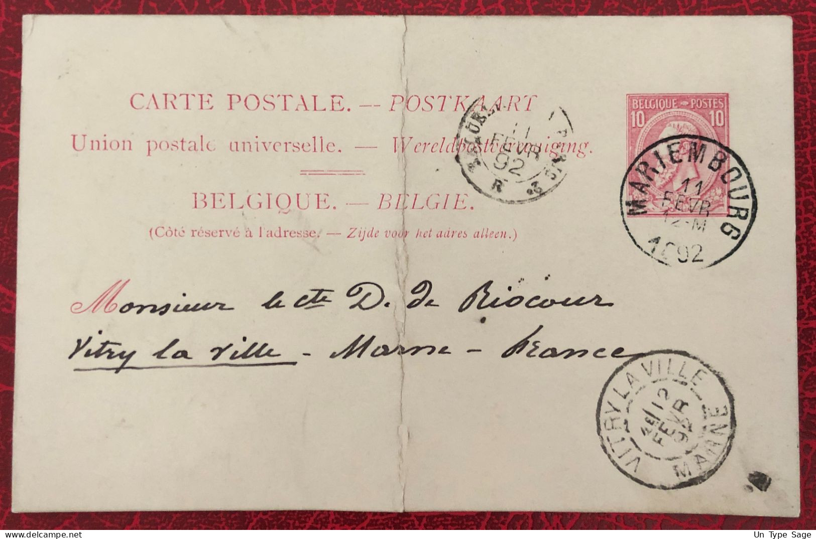 Belgique, Entier-Carte (pli), Cachet Mariembourg 11.2.1892 - (C304) - Otros & Sin Clasificación