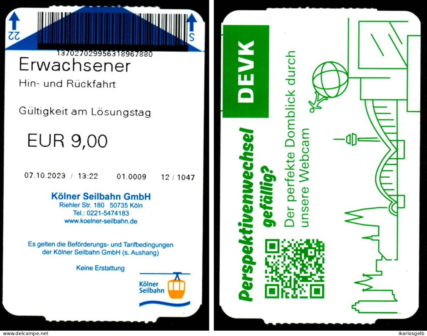 Köln Rheinseilbahn Seilbahn - Fahrschein Boleto Biglietto Ticket Billet Telepherique - Europe