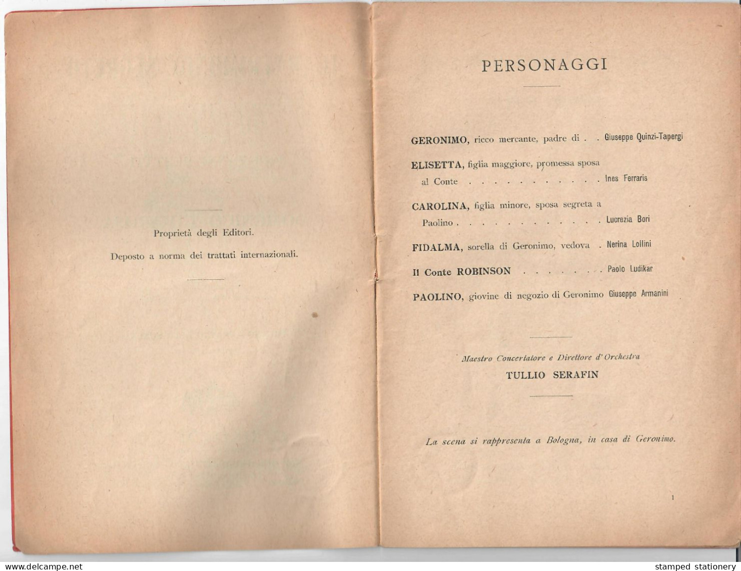 IL MATRIMONIO SEGRETO - D. CIMAROSA / G. BERTATI LIBRETTO D'OPERA - MILANO TEATRO ALLA SCALA STAGIONE 1910-1911 - Teatro