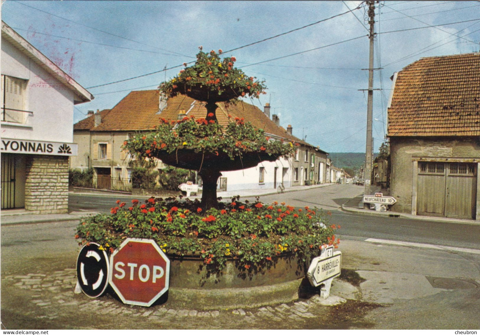 88. LIFFOL LE GRAND . CPSM. FONTAINE FLEURIE AU CROISEMENT DES ROUTES. ANNEE 1987 + TEXTE - Liffol Le Grand