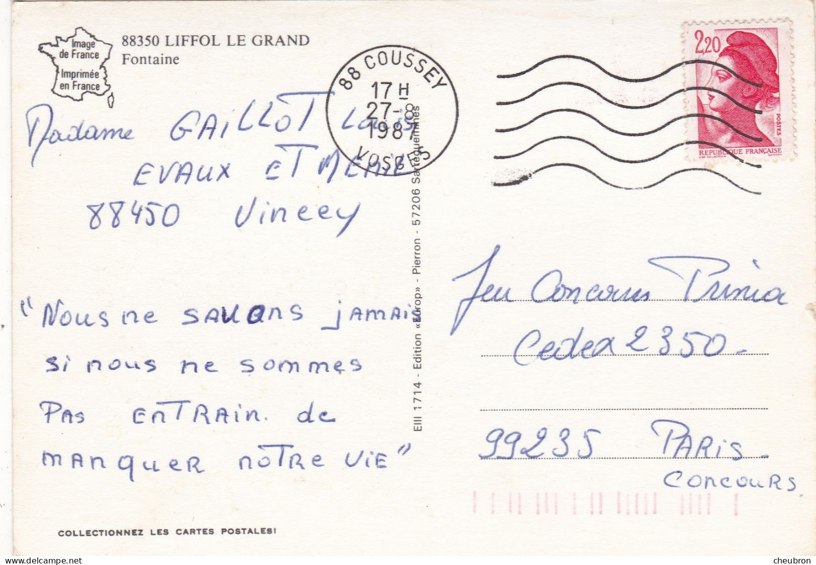88. LIFFOL LE GRAND . CPSM. FONTAINE FLEURIE AU CROISEMENT DES ROUTES. ANNEE 1987 + TEXTE - Liffol Le Grand