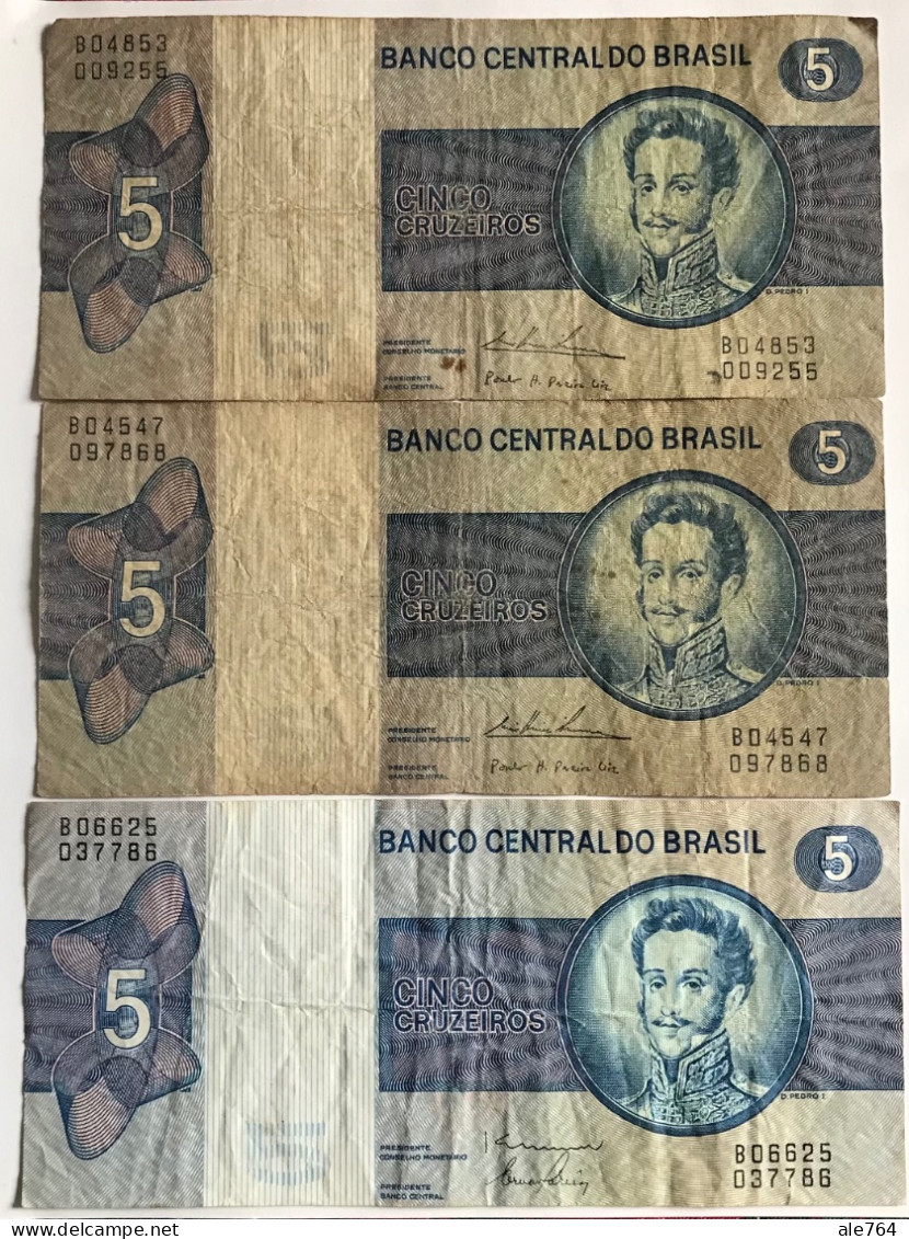 Brasil Banknotes Lot 1 Y 5 Cruzeiros (9), 1980, P 191/2, Diferentes Firmas. - Brésil