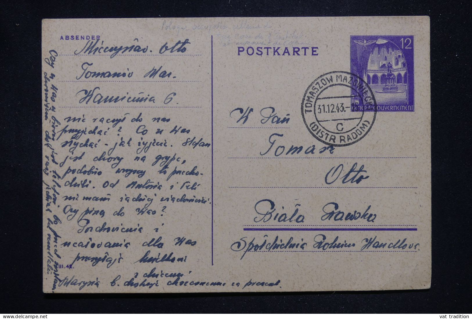 POLOGNE - Entier Postal De Tomaszow Mazowiecki En 1943 Pour Biala - L 147420 - General Government