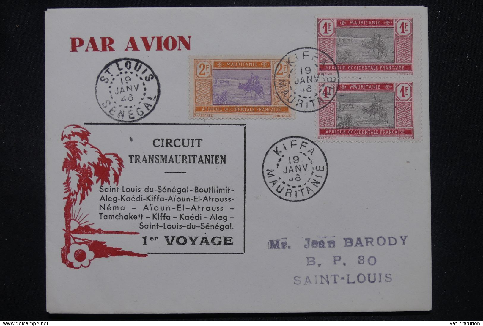 MAURITANIE - Enveloppe De Kiffa Pour St Louis Par 1er Voyage Transmauritanien En 1946 - L 147421 - Covers & Documents