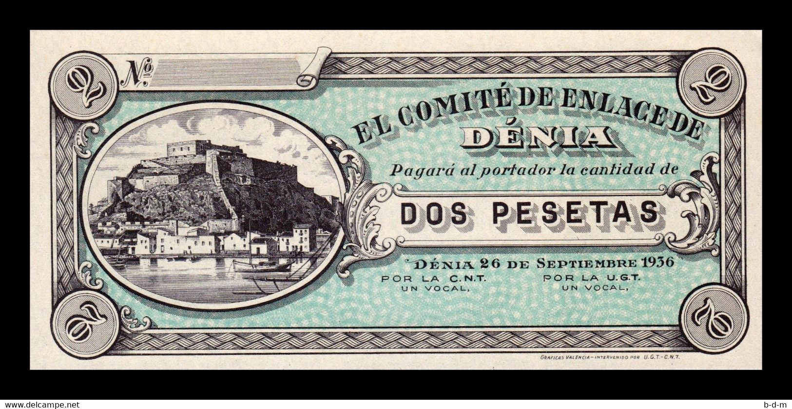 España Spain Civil War Denia 2 Pesetas 1936 Sc- AUnc - 1-2 Peseten