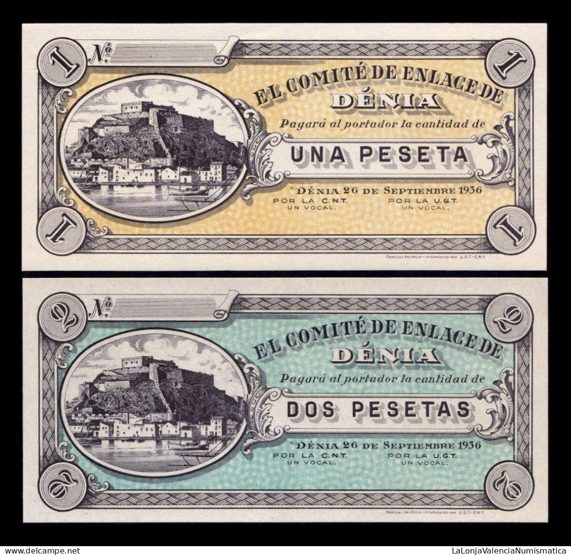 España Spain Civil War Denia Set 2 Billetes 1 2 Pesetas 1936 Sc Unc - 1-2 Peseten