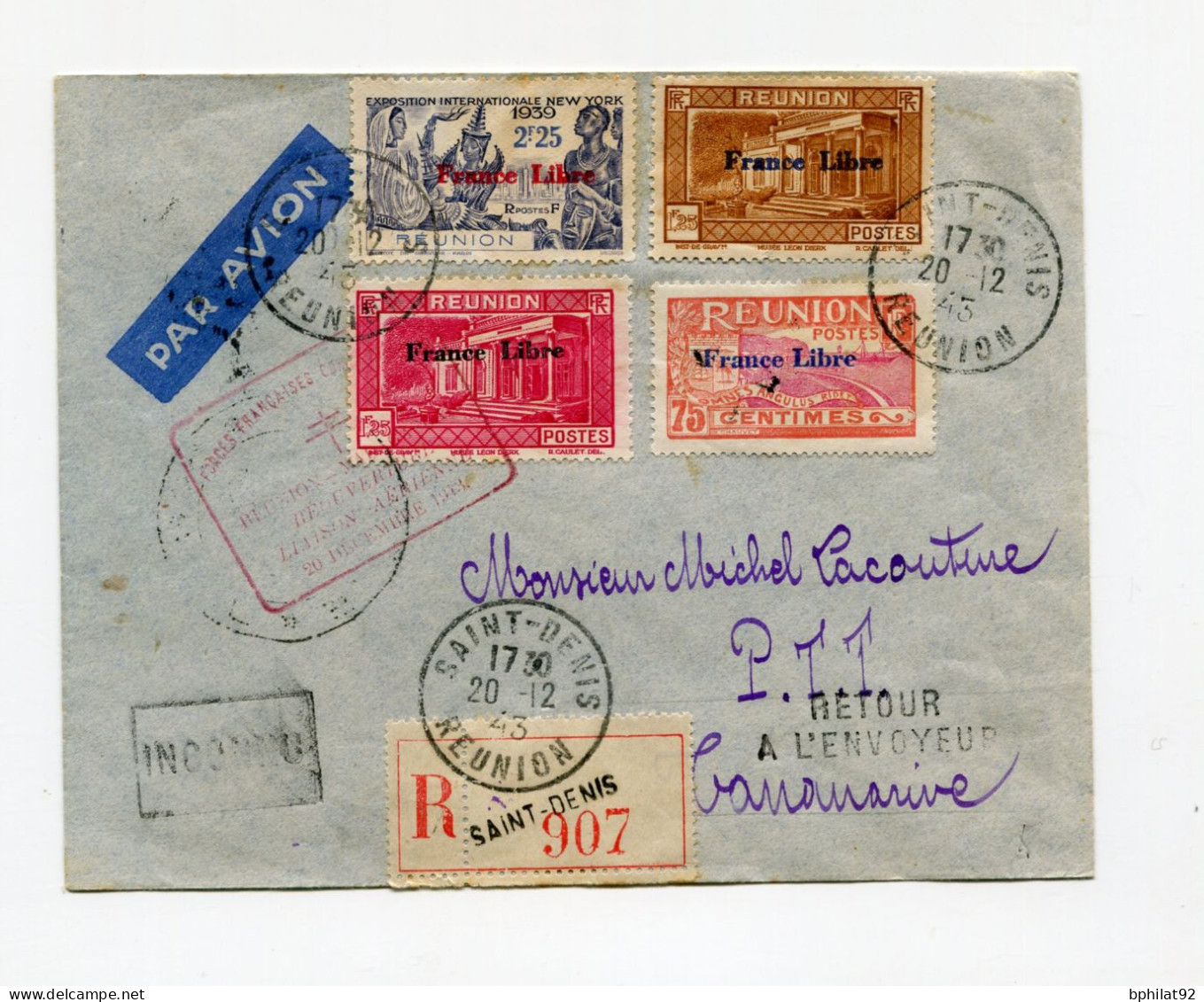 !!! LETTRE RECO DE ST DENIS POUR TANANARIVE CACHET REOUVERTURE DE LA LIGNE AERIENNE REUNION MADAGASCAR 20/12/1943 - Storia Postale