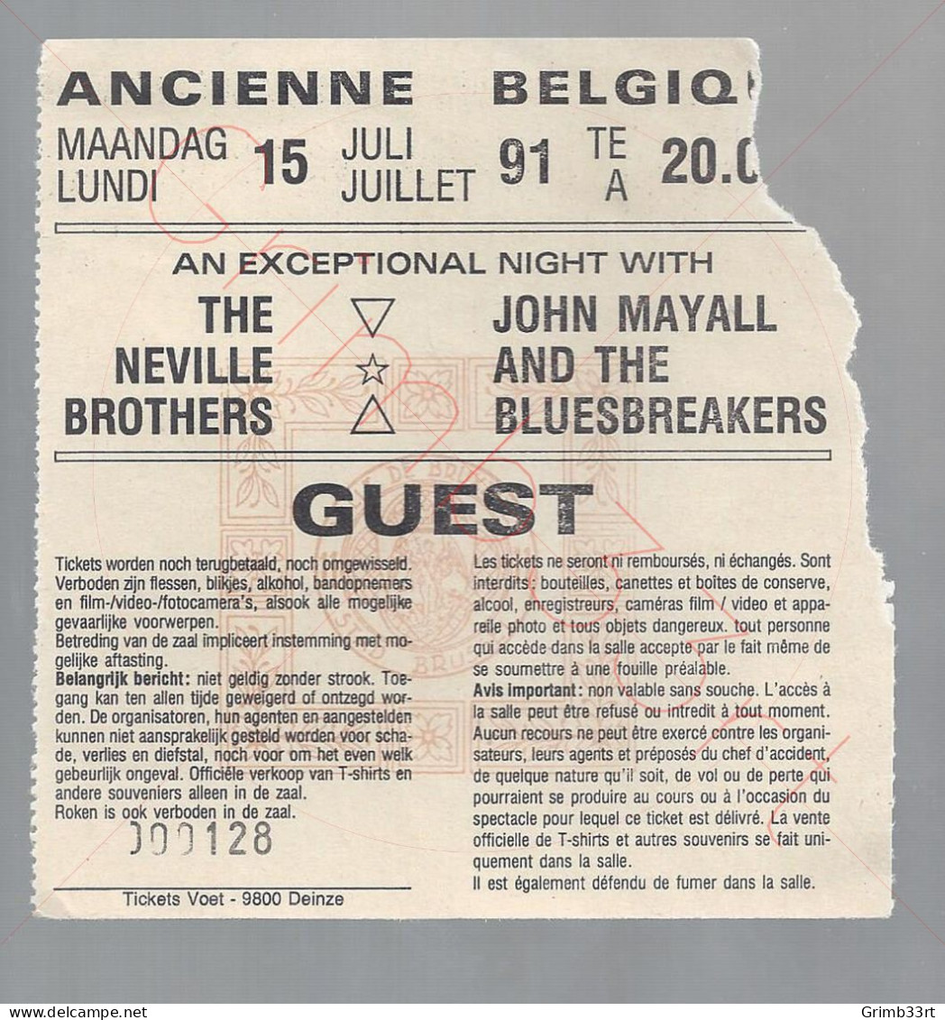 The Neville Brothers + John Mayal And The Bluesbreakers - 15 Juli 1991 - Ancienne Belgique (BE) - Concert Ticket - Konzertkarten