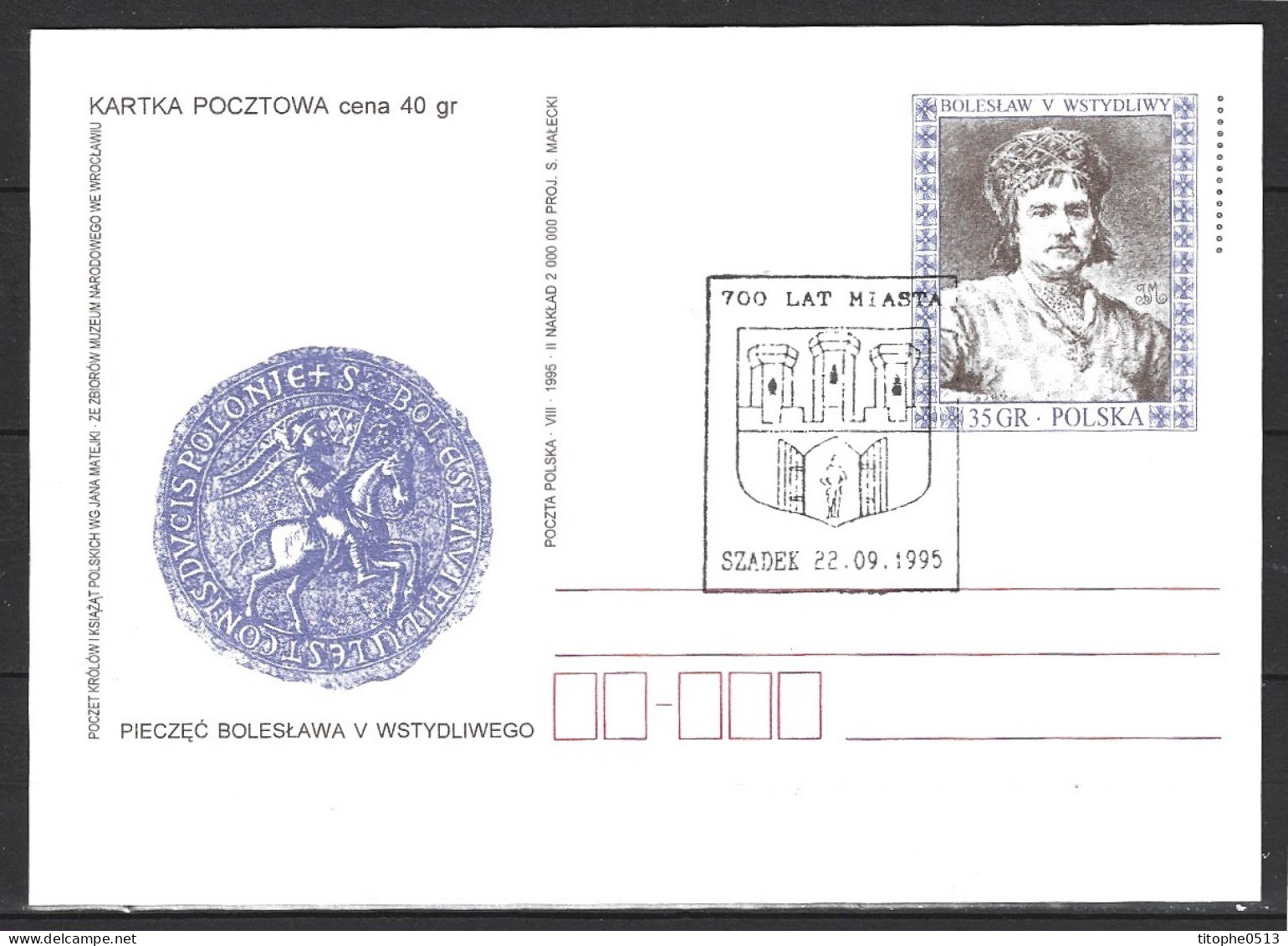 POLOGNE. Carte Commémorative De 1995. Armoiries De Szadek. - Other & Unclassified