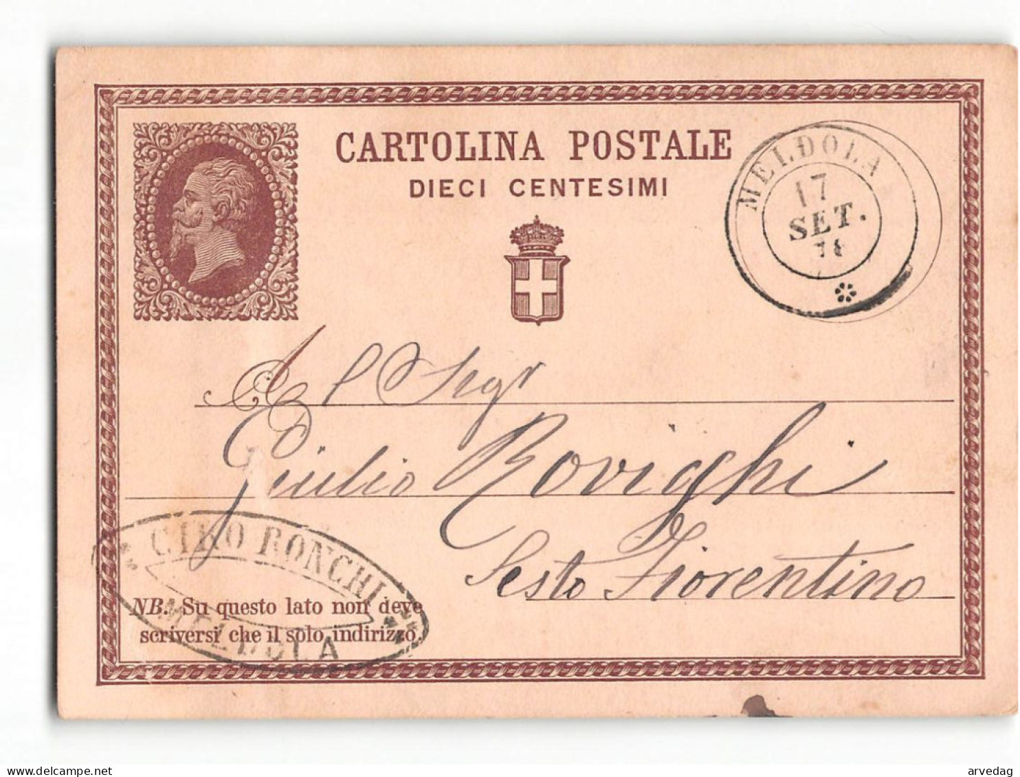 17948 01 CARTOLINA POSTALE 10 CENT - CIRO RONCHI MELDOLA X SESTO FIORENTINO - 1876 - Interi Postali