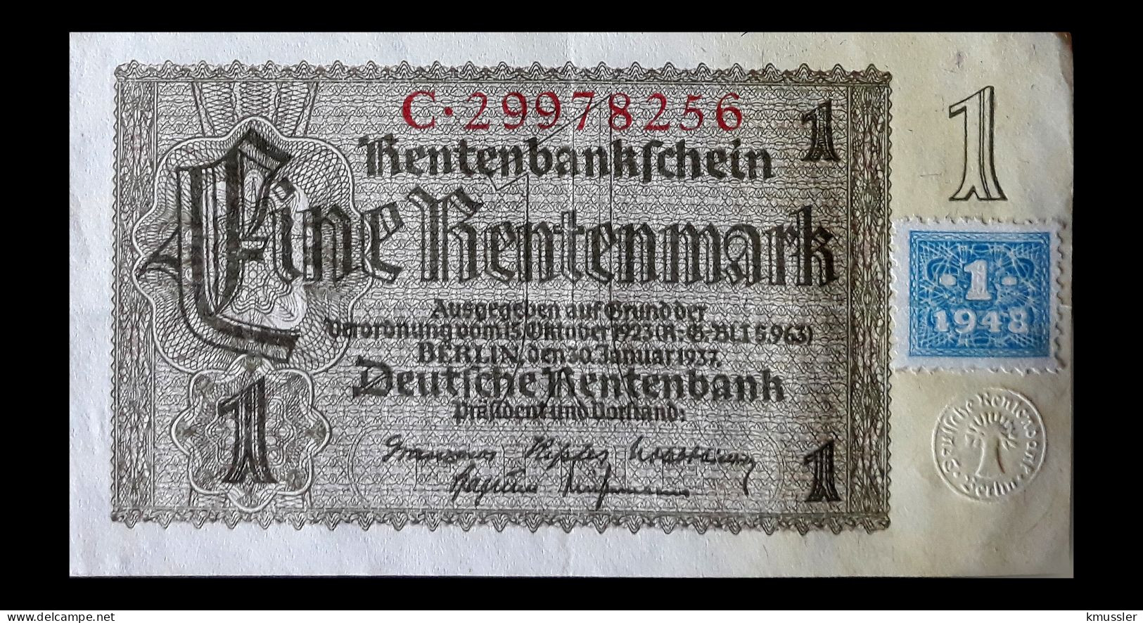 # # # Banknote DDR (Eastgermany) 1 Rentenmark Mit Koupon (Marke) 1948 AU- # # # - 1 Deutsche Mark