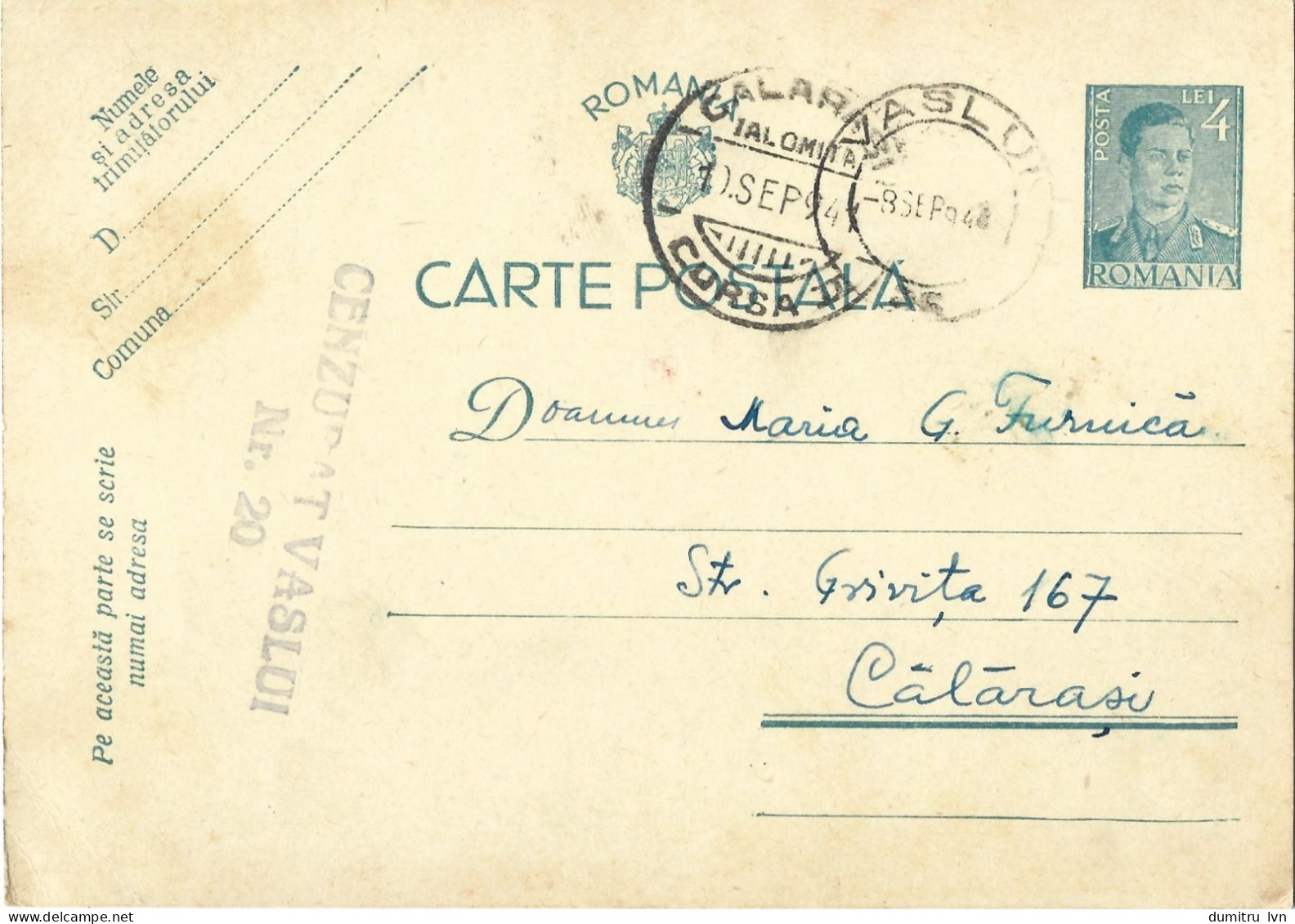 ROMANIA 1941 POSTCARD, CENSORED VASLUI NO.20 POSTCARD STATIONERY - World War 2 Letters