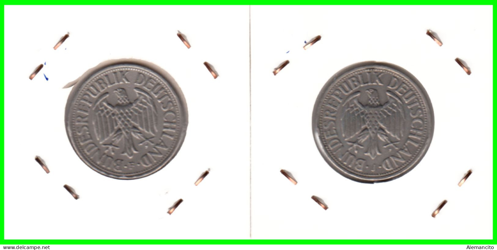 ALEMANIA - DEUTSCHLAND - GERMANY - 2 -MONEDAS DE 1.00 DM ESPIGAS Y AGUILA DEL AÑO 1950 CON LAS CECAS - F.- J - 1 Mark