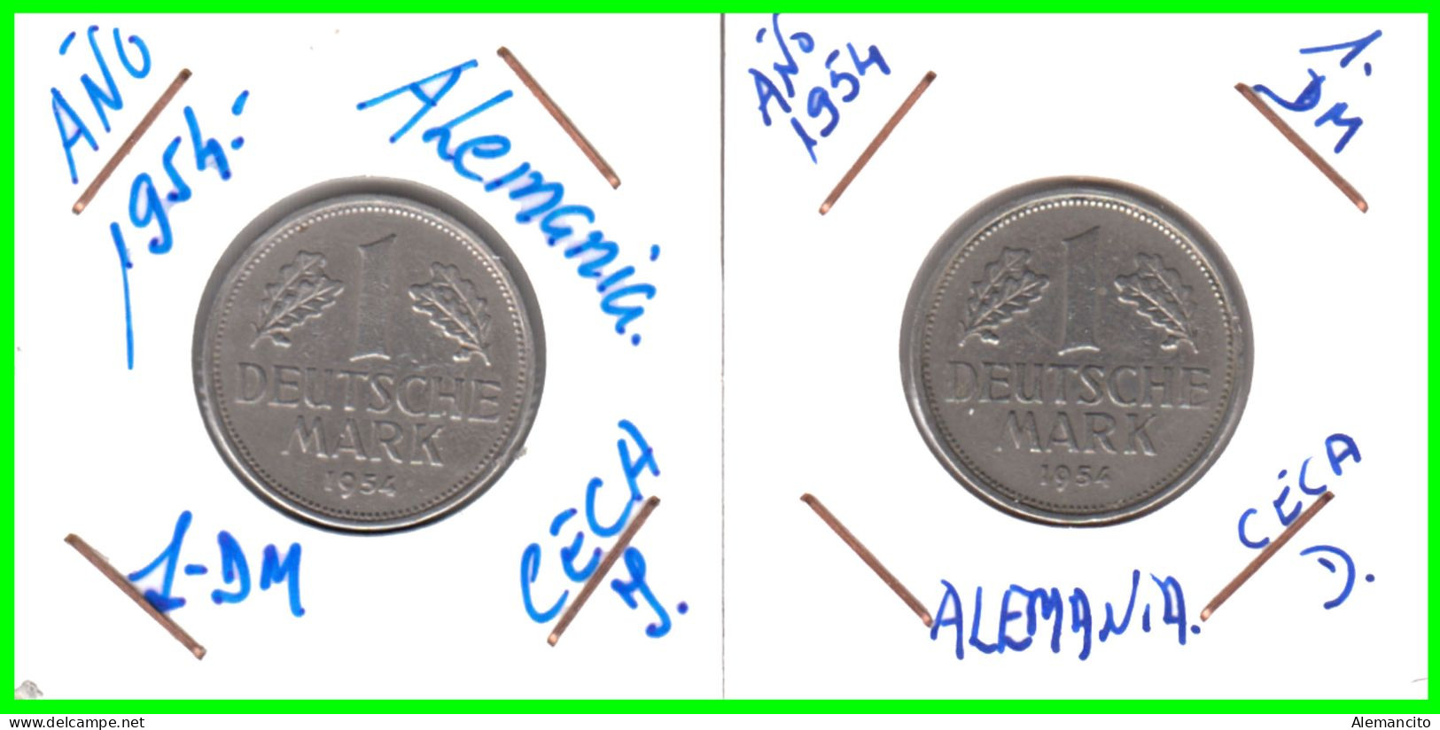 ALEMANIA - DEUTSCHLAND - GERMANY - 2 -MONEDAS DE 1.00 DM ESPIGAS Y AGUILA DEL AÑO 1954 CON LAS CECAS - D - J. - 1 Marco