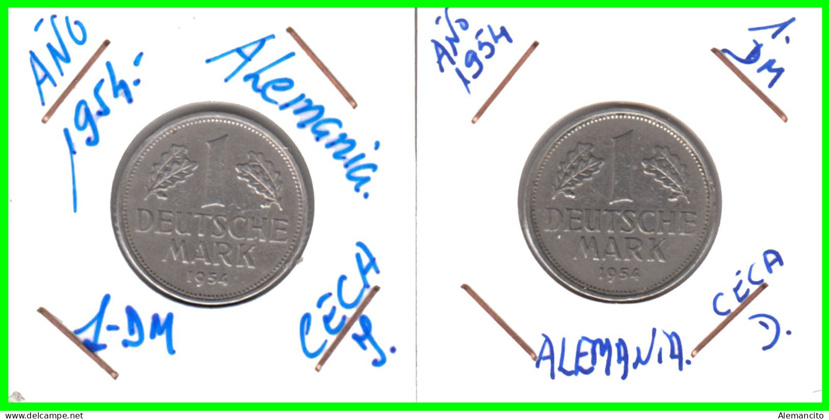 ALEMANIA - DEUTSCHLAND - GERMANY - 2 -MONEDAS DE 1.00 DM ESPIGAS Y AGUILA DEL AÑO 1954 CON LAS CECAS - D - J. - 1 Mark