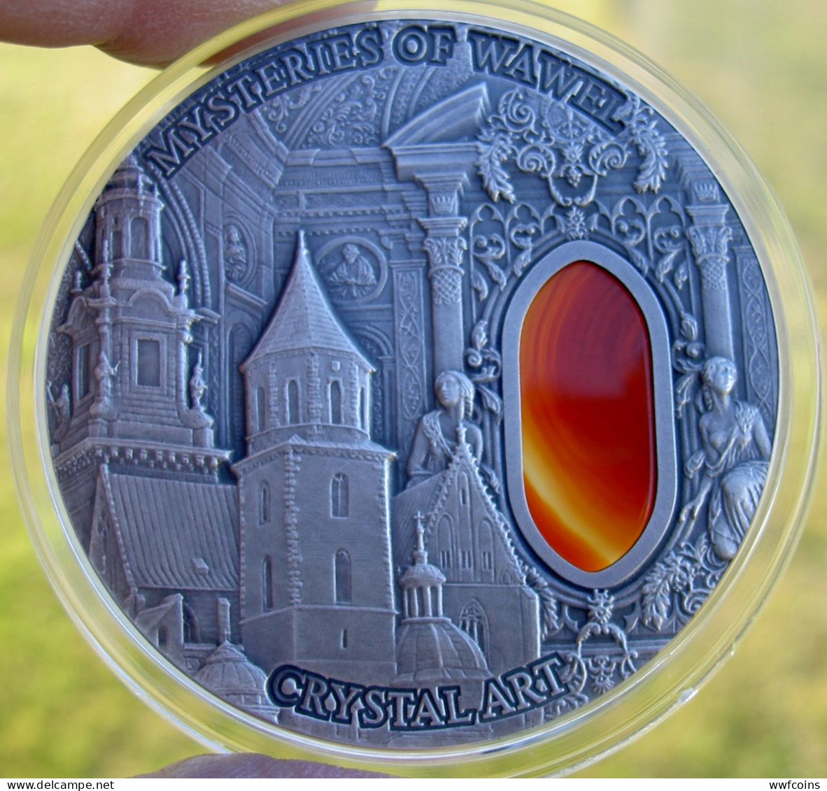 NIUE 2 $ 2013 ARGENTO 2 Oz 999 MYSTERIES OF WAWEL CASTLE CRYSTAL ART AGATE STONE CONSERVAZIONE FDC CON GARANZIA E COFANE - Niue