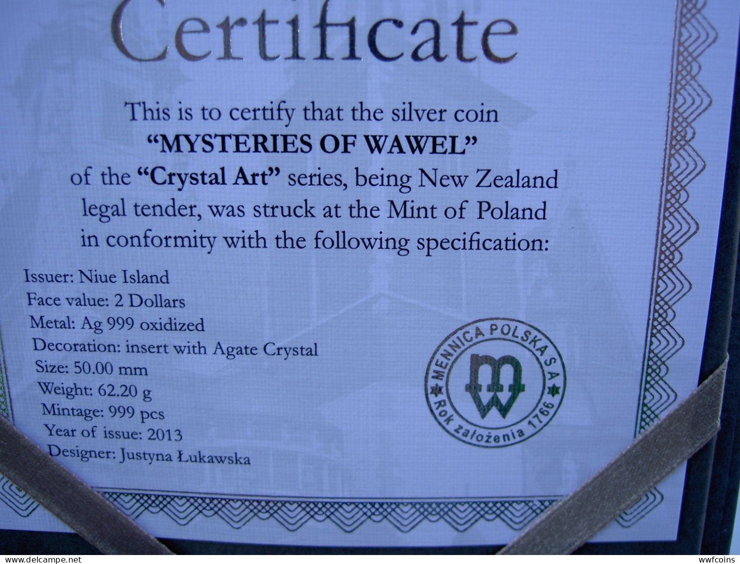 NIUE 2 $ 2013 ARGENTO 2 Oz 999 MYSTERIES OF WAWEL CASTLE CRYSTAL ART AGATE STONE CONSERVAZIONE FDC CON GARANZIA E COFANE - Niue