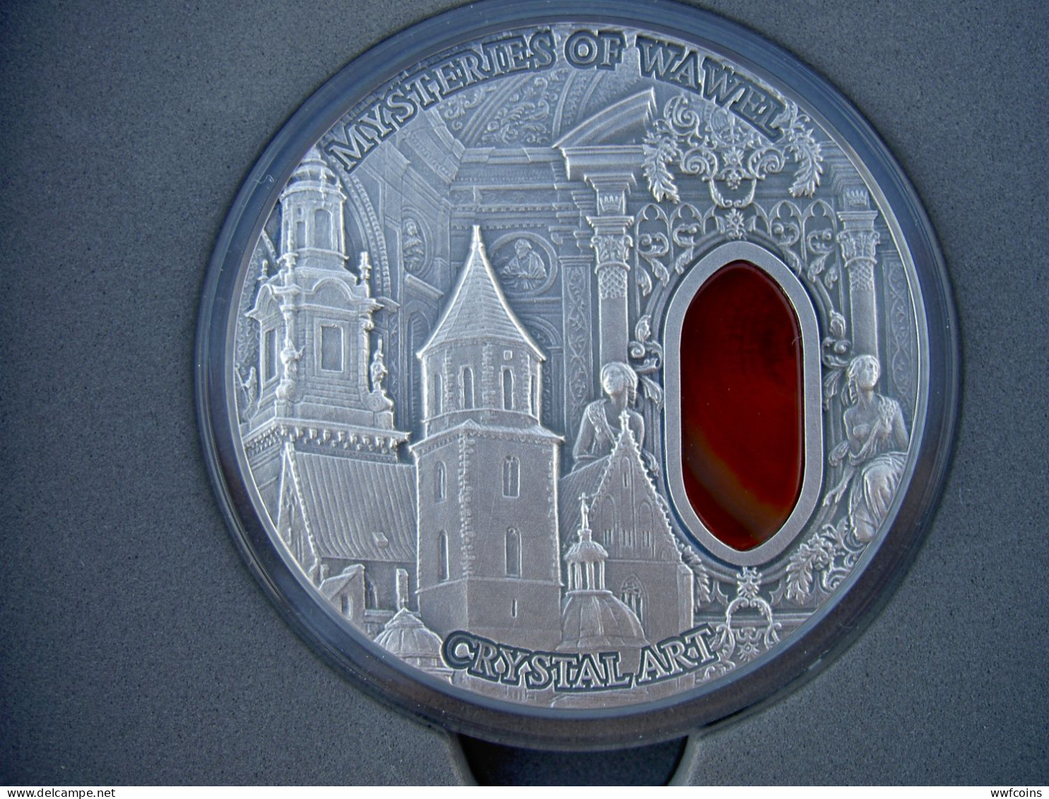 NIUE 2 $ 2013 ARGENTO 2 oz 999 MYSTERIES OF WAWEL CASTLE CRYSTAL ART AGATE STONE CONSERVAZIONE FDC CON GARANZIA E COFANE