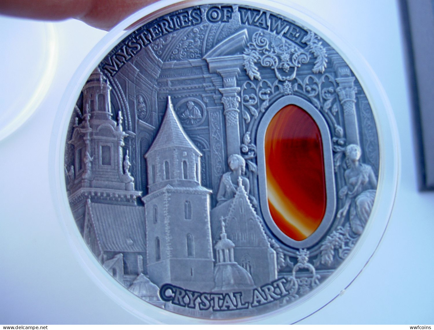 NIUE 2 $ 2013 ARGENTO 2 oz 999 MYSTERIES OF WAWEL CASTLE CRYSTAL ART AGATE STONE CONSERVAZIONE FDC CON GARANZIA E COFANE