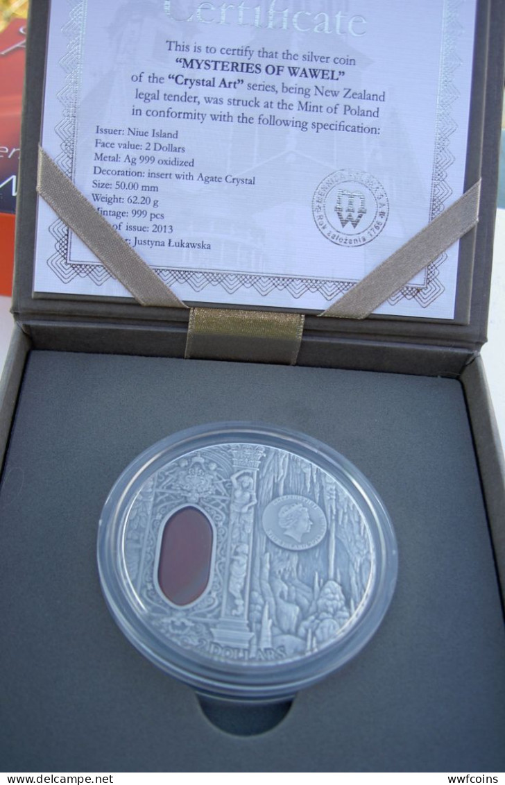 NIUE 2 $ 2013 ARGENTO 2 oz 999 MYSTERIES OF WAWEL CASTLE CRYSTAL ART AGATE STONE CONSERVAZIONE FDC CON GARANZIA E COFANE