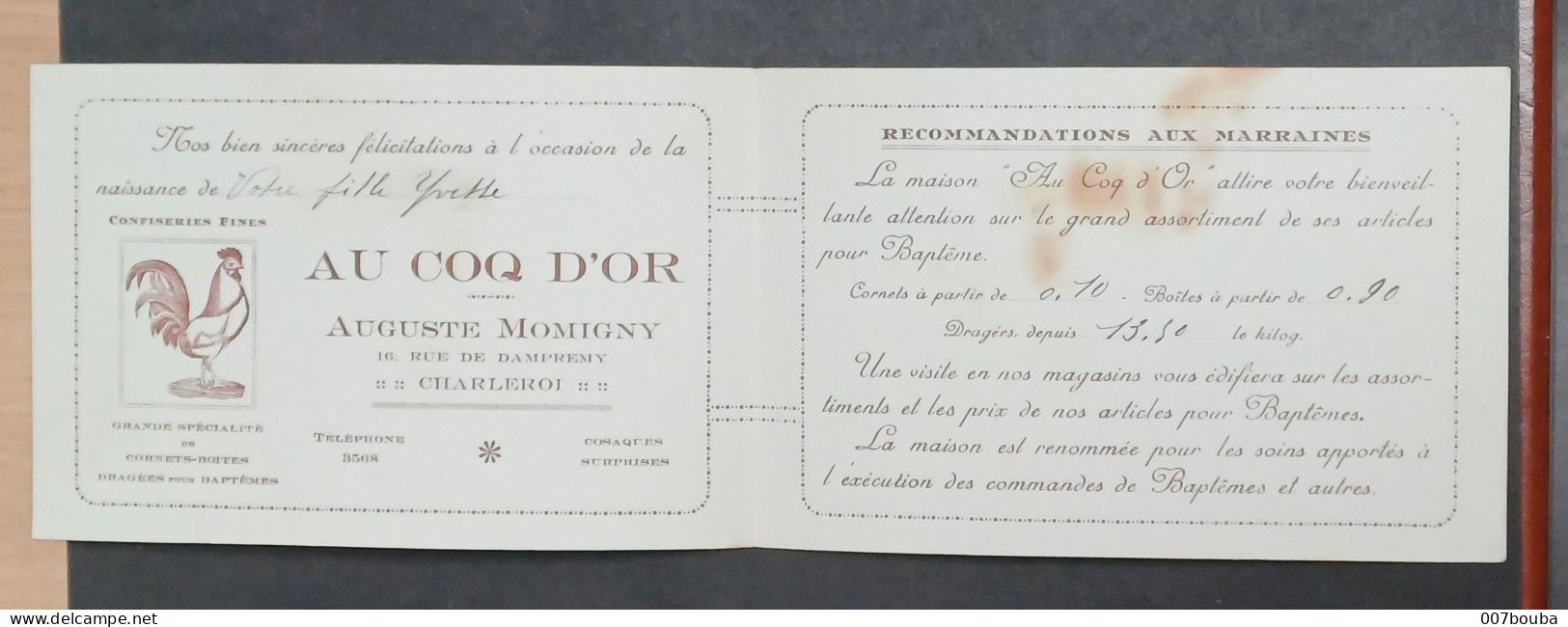 CHARLEROI / AU COQ D'OR _ AUGUSTE MOMIGNY / CARTE COMMERCIALE  VOYAGEE 1930 - Petits Métiers