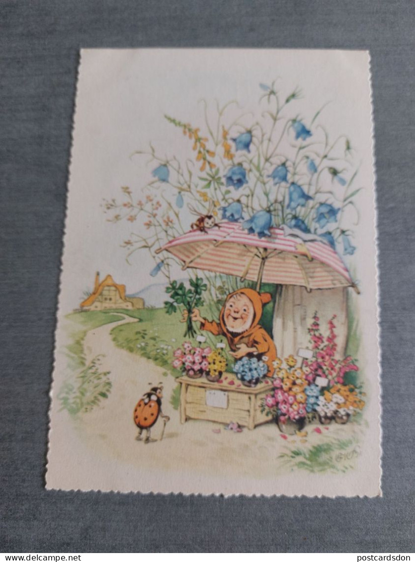 Dwarf , Ladybird, Bee, OLD POSTCARD - Fritz Baumgarten (illustrator) - 1950s - Baumgarten, F.