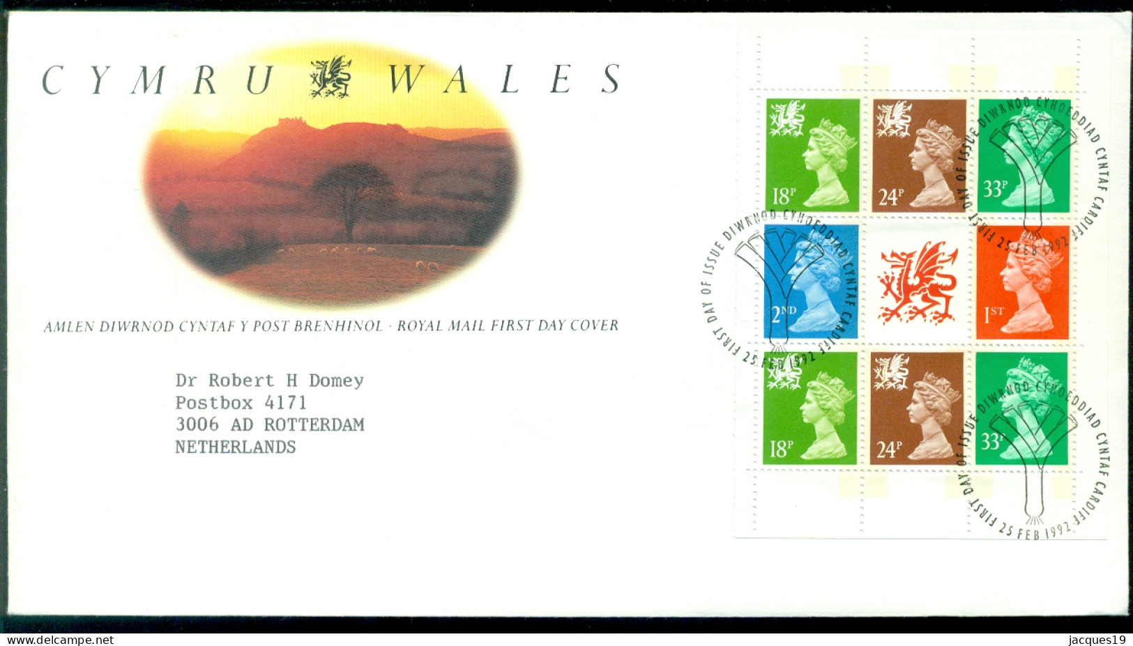 Great Britain 1992 FDC Cymru Wales Pane SG W49l From Booklet DX13 - Wales