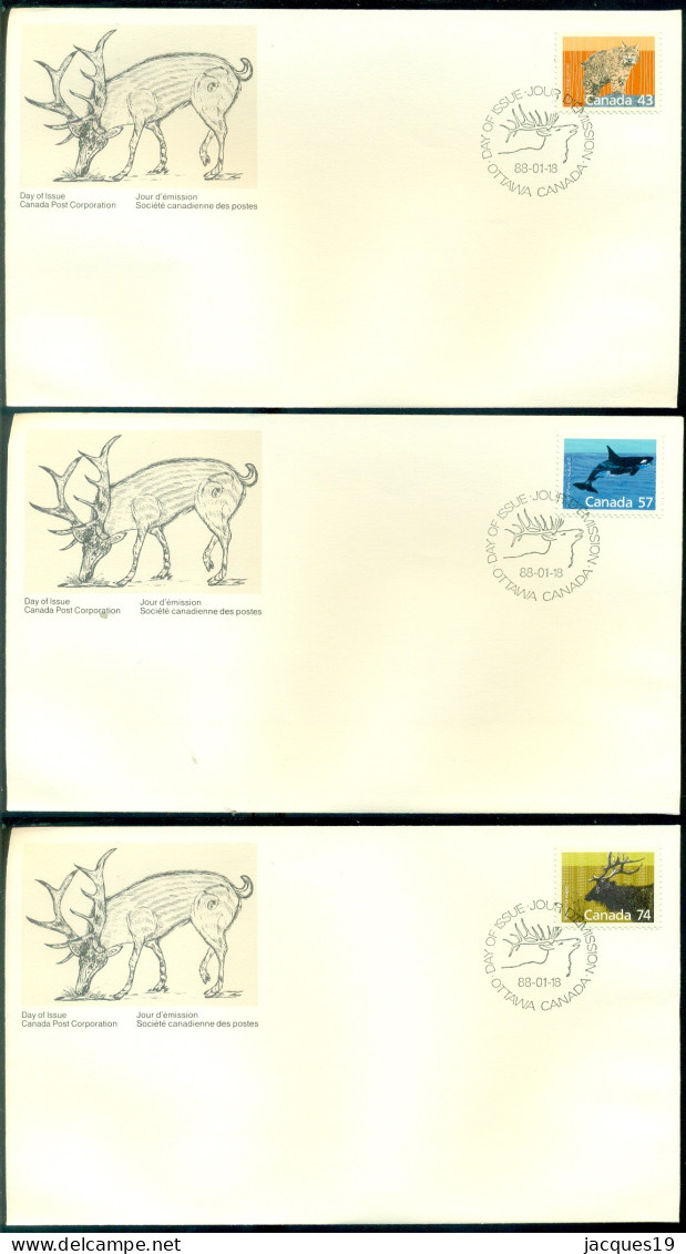 Canada 1988 FDC's (3) Mammals Scott 1170, 1173 And 1177 - 1981-1990